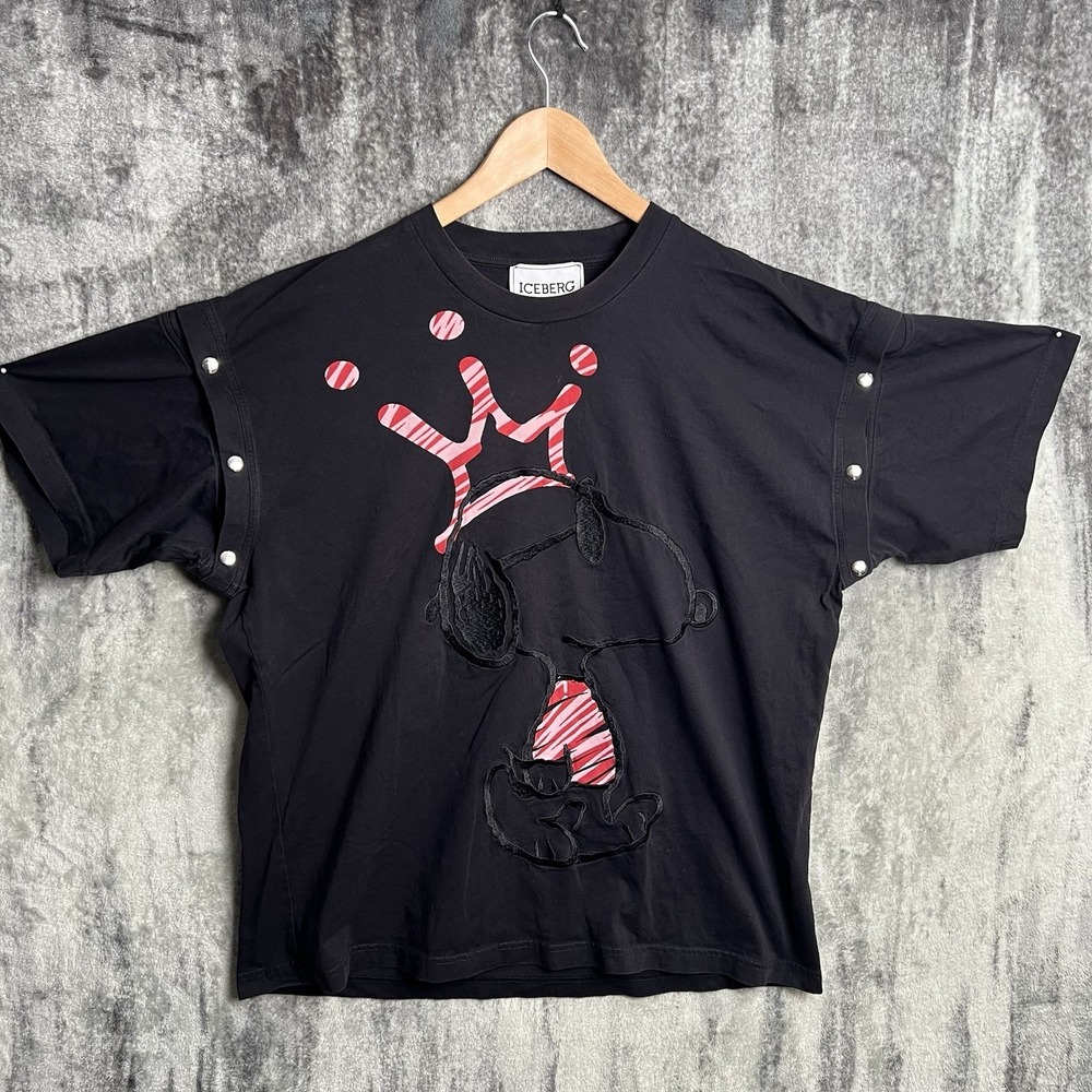 Iceberg Men's Snoopy Print Shirt Size XL Strap Button Sleeves Black